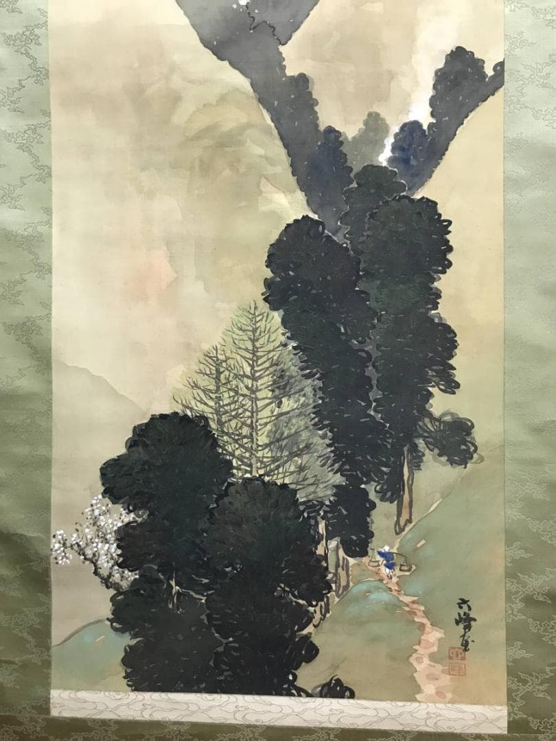 【真作】六峰/山路の梅図/山水図/掛軸/名家伝来/AC-663