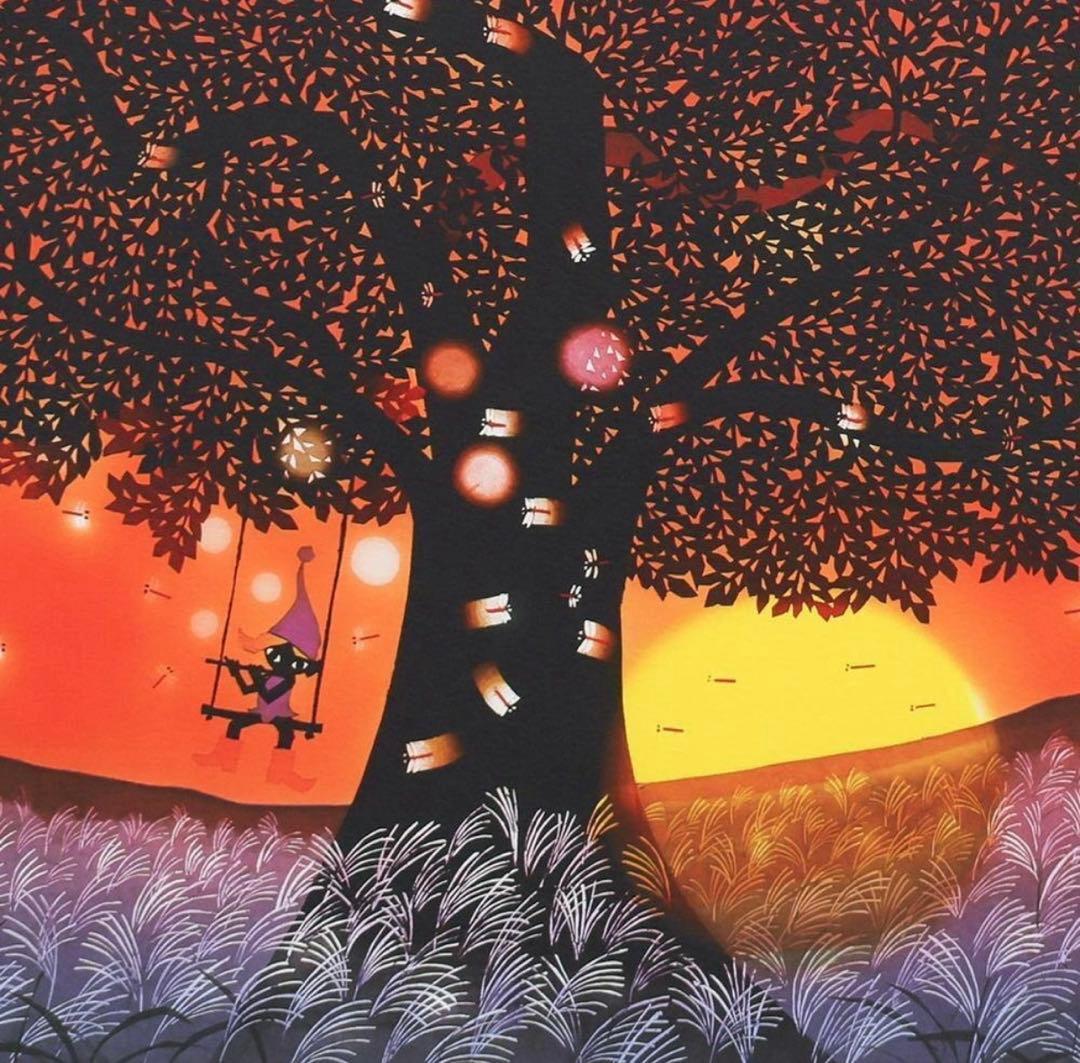 真作】藤城清治「夕日の樹」リトグラフ 約6号 証明書付 証明シール