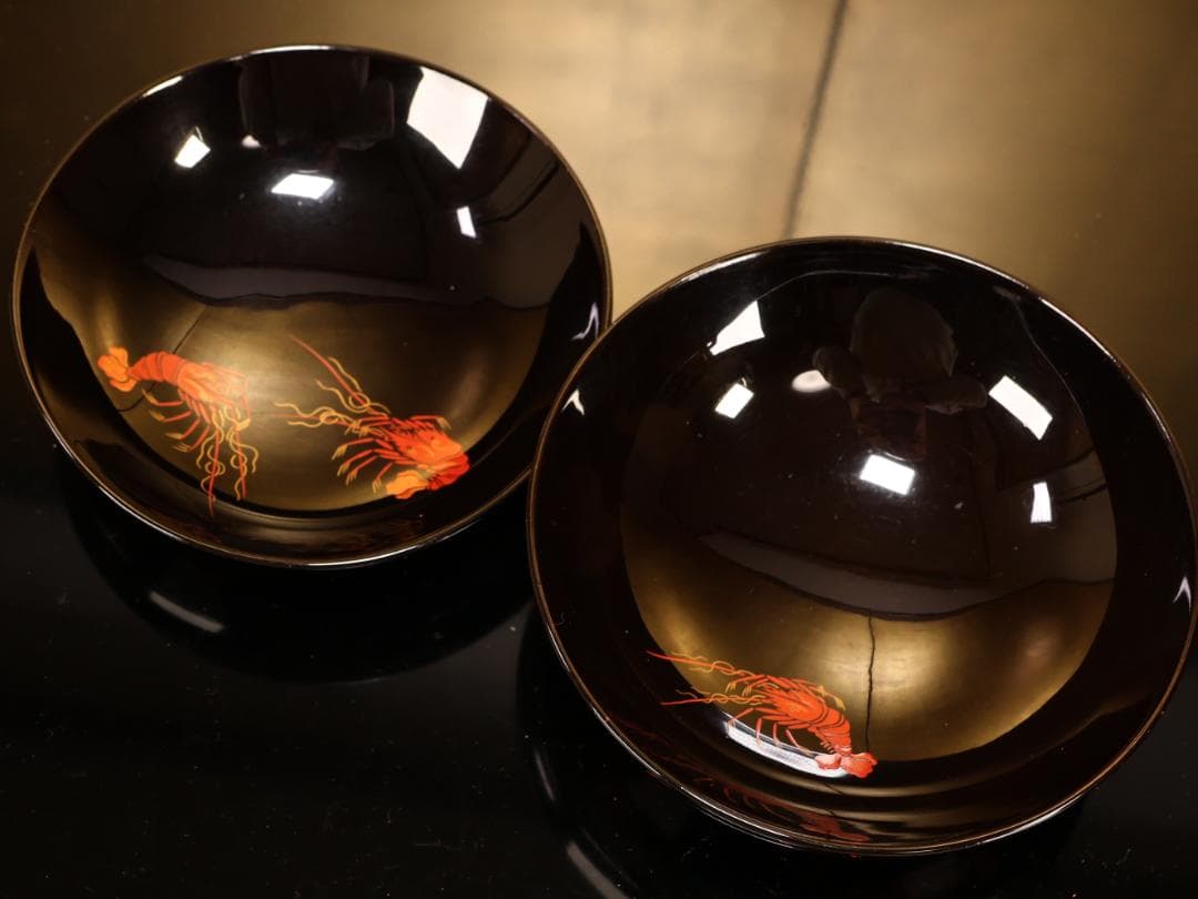 BK413 時代輪島塗 蓮図金蒔絵 吸物椀 二客 木製 茶道具 懐石 会席 菓子