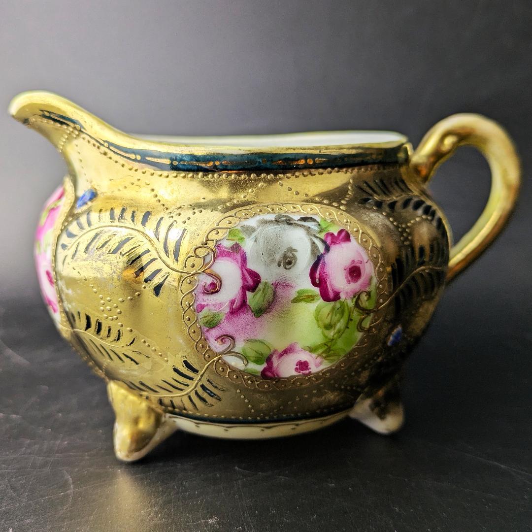 豪華金彩アールヌーボー 薔薇唐草模様 茶壷＆糖器セット 手彩金盛