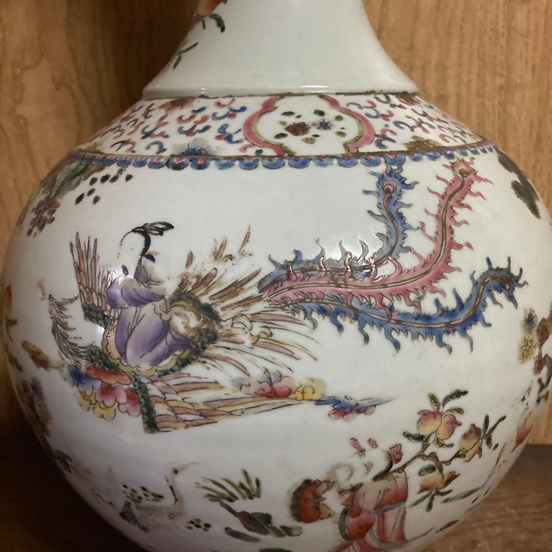 中国　色絵　瓶　天球瓶　鳳凰鶴桃果人物図　大清康熙年製銘