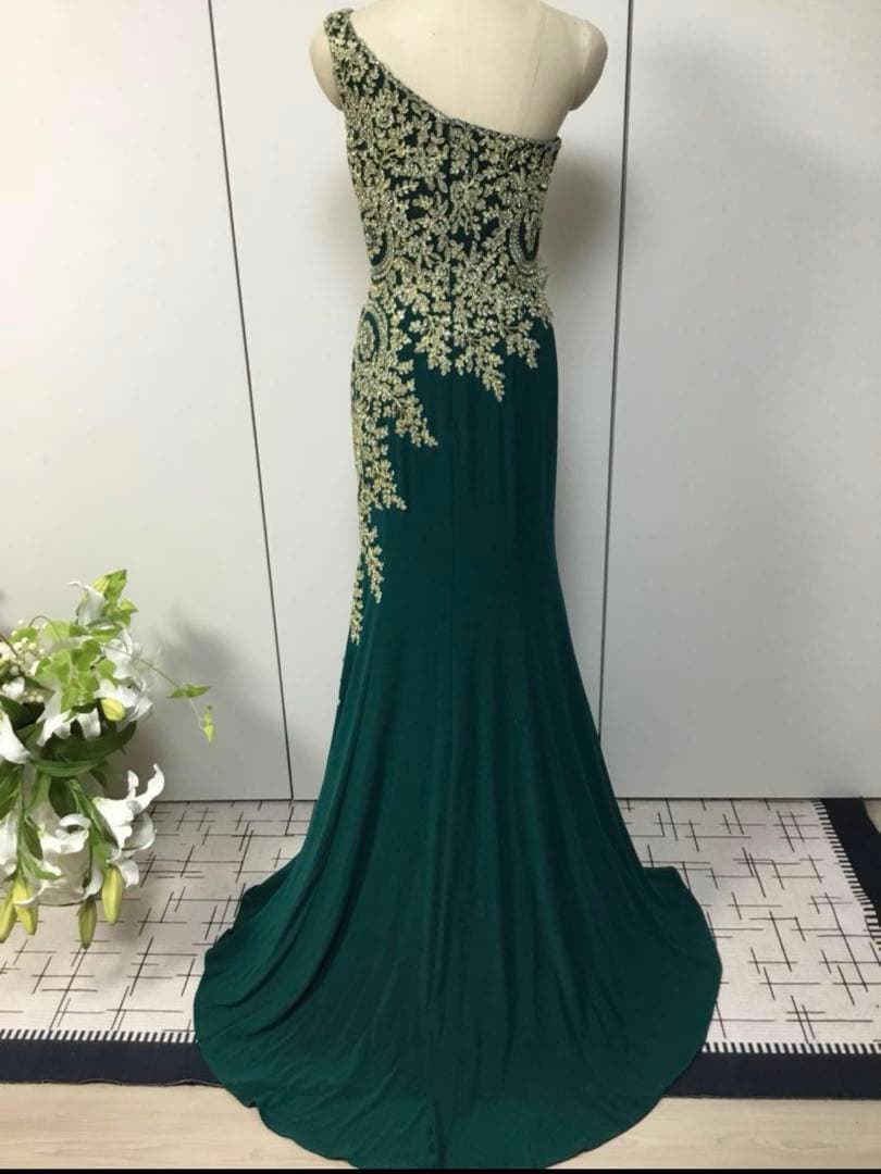 ダークグリーン ワンショルダー パーティードレス