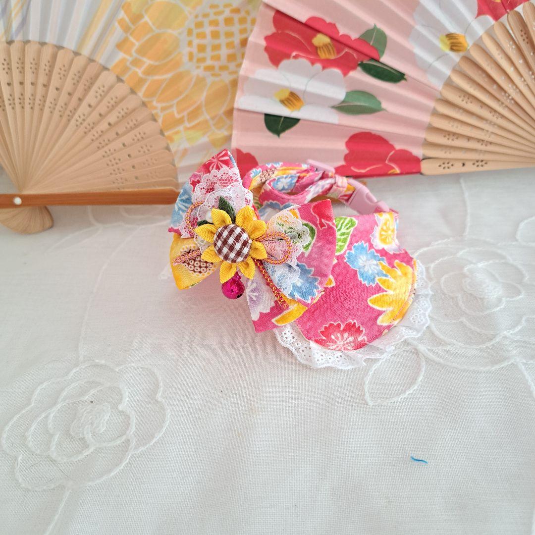 和風つまみ細工付き(ピンク①)わんちゃん猫ちゃん用襟つき首輪