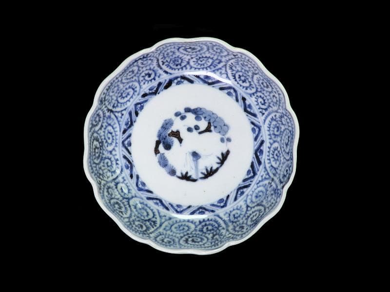 古伊万里　染付　蛸唐草に松竹梅の図　膾皿　２客　江戸期　E913AS-CSy