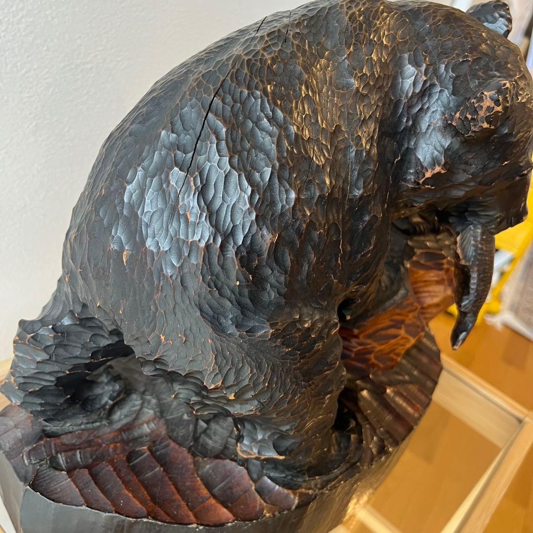 コヌサアイヌ作 木彫り熊 昭和35年 北海道民芸 手彫り 鮭くわえ