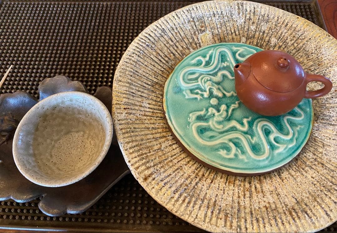 中国青磁タイル 龍・玉 鑑賞台座 2点セット ヴィンテージ レア 台湾