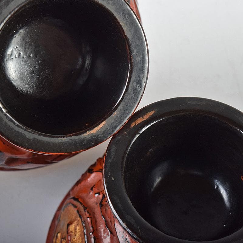 根来塗　朱塗　金彩　紅葉刻　漢詩刻　杯　一對　時代箱付　F　R8032