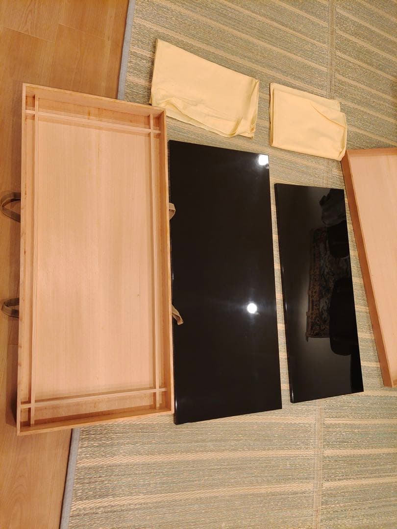 塗師岡田表寛 輪島塗 黒真塗 長板 炉用 風炉用 壱双 共箱共布 美品 無傷