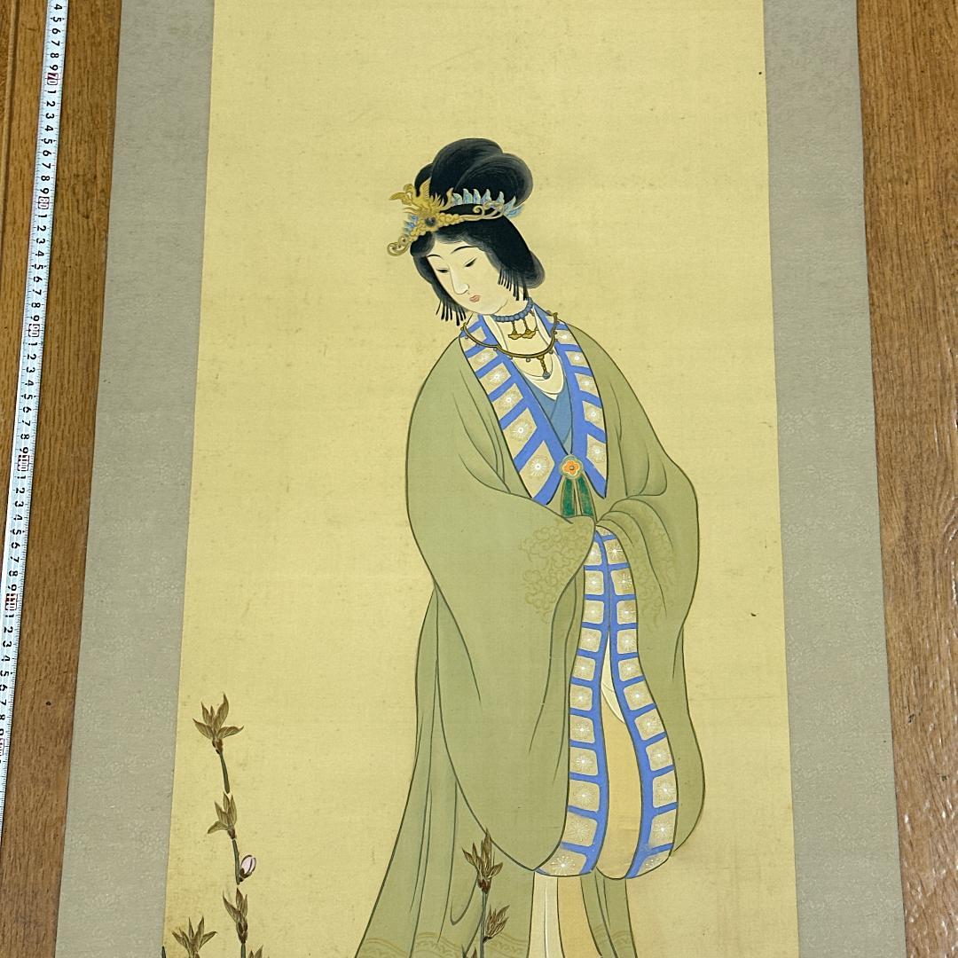 掛軸 雪洲 美人画 落款あり 桃の花 雪洲散史 彩色画 日本画