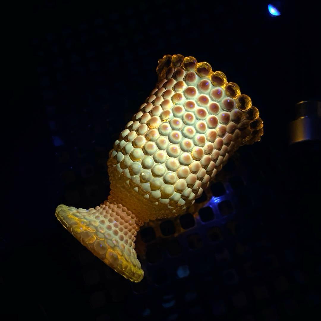 骨董 時代ガラス 希少 橙色 黄色暈し 霰プレス あられ 氷コップ ウラン