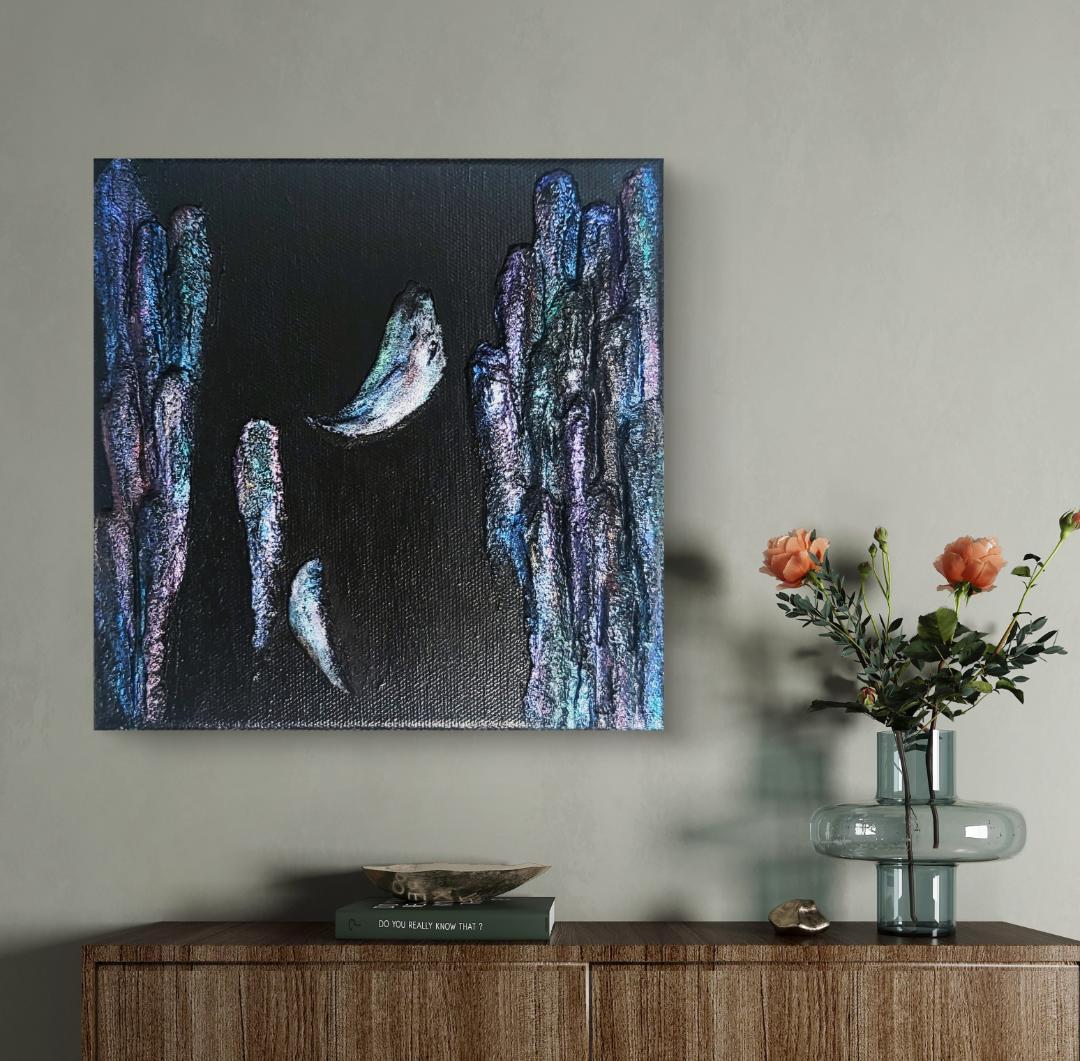 烏の濡れ羽 舞い落ちる テクスチャーアート 18×18㎝ S0 原画1点のみ