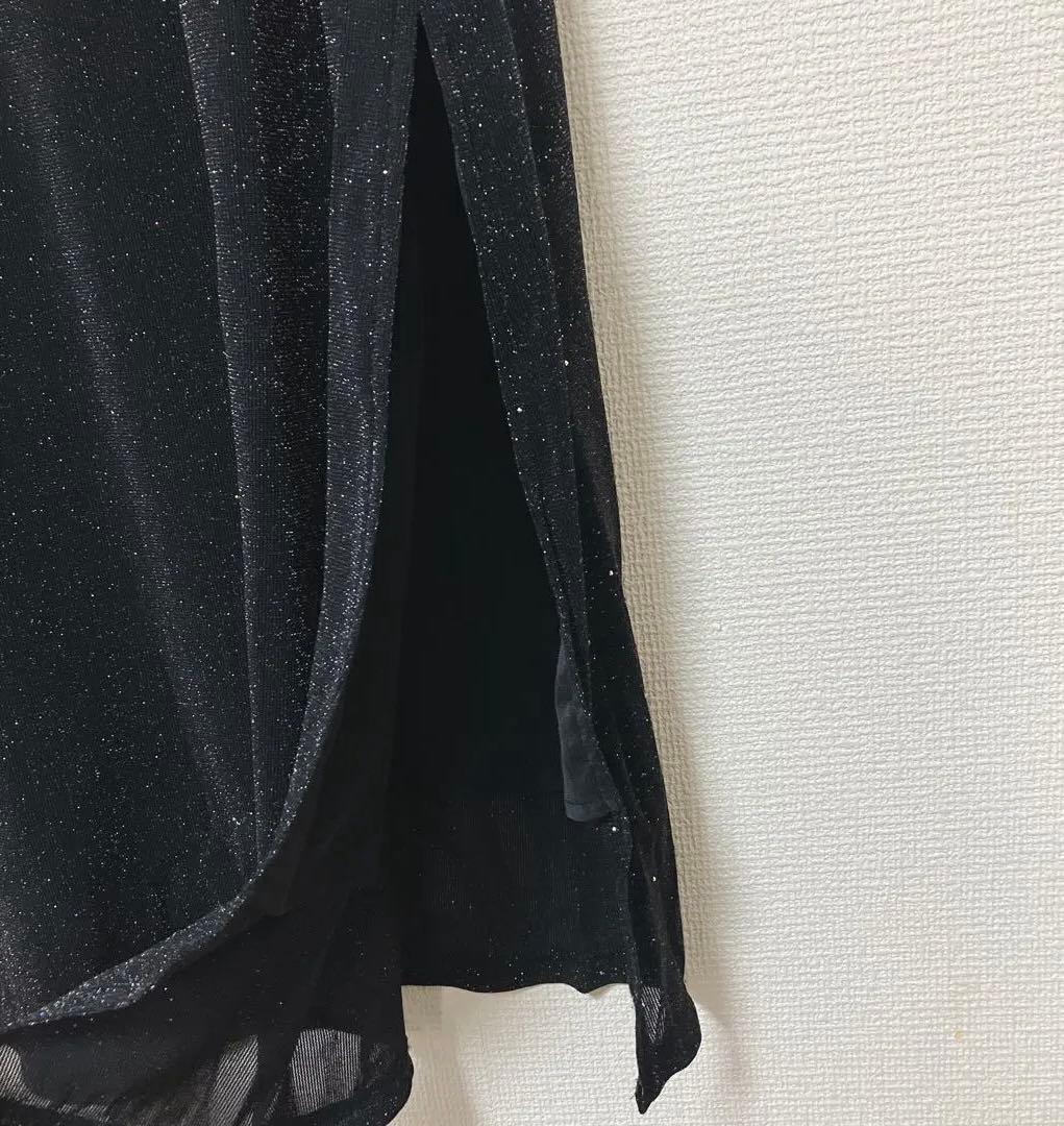 mayu　レジャ　レースネック透け袖スリットキラキラロングドレスワンピース