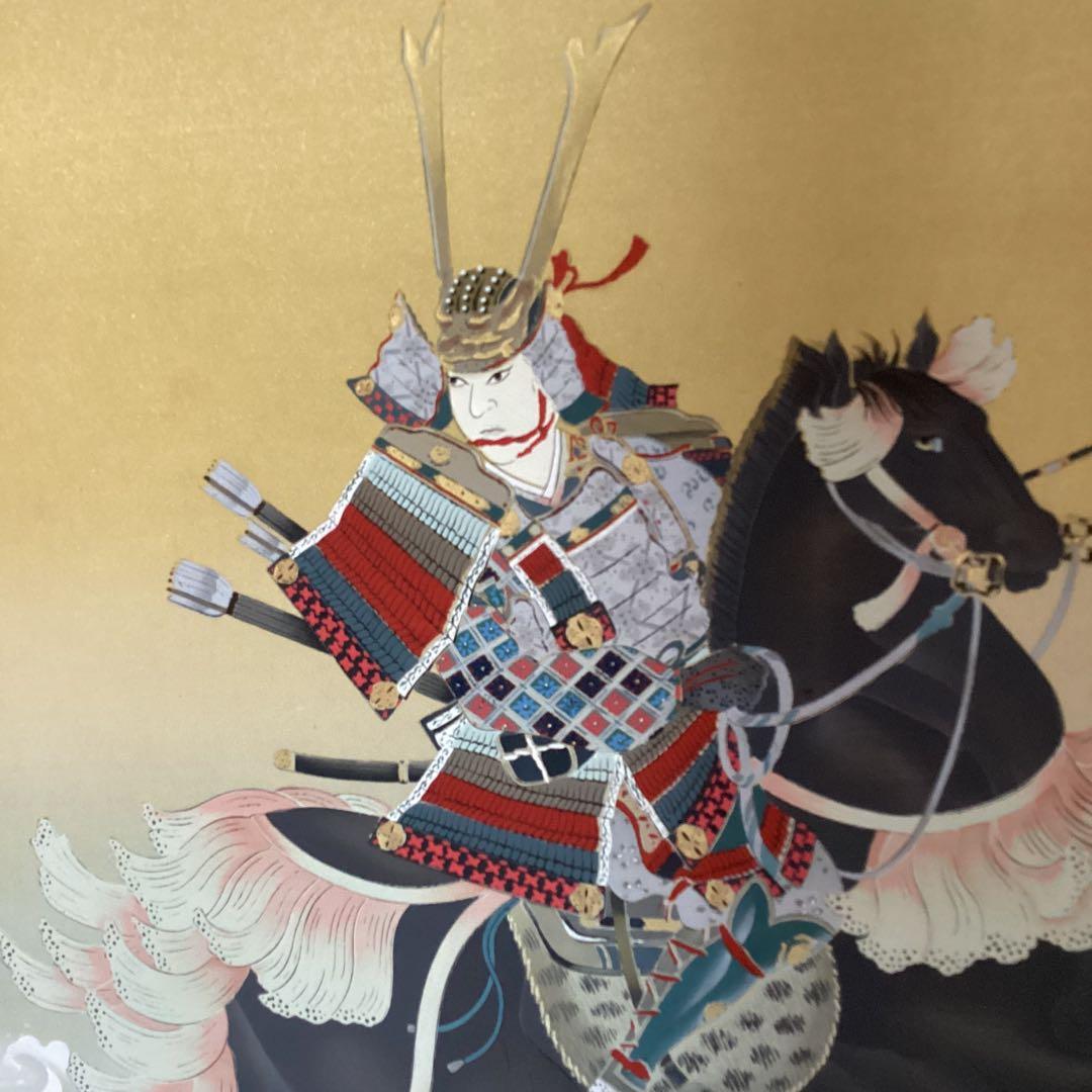 安田靫彦絹本着色掛軸一幅【武者之図】共箱肉筆画軸先紫檀模写182