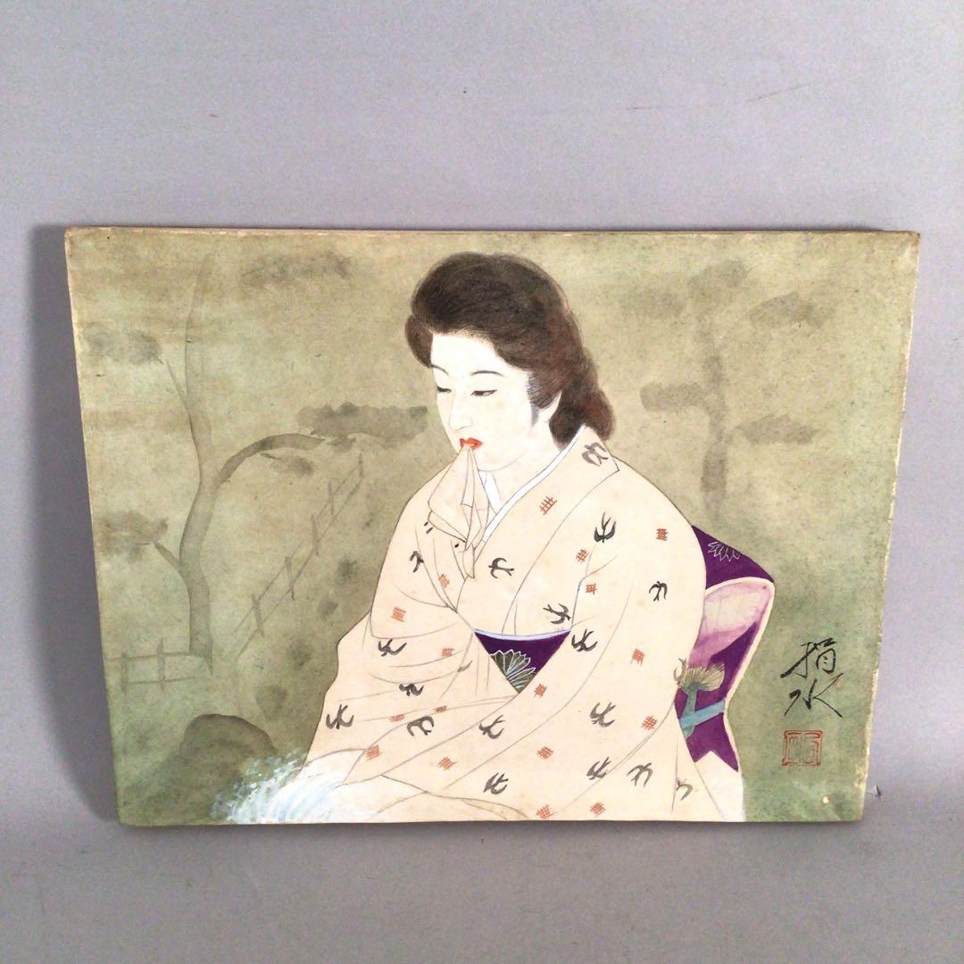No3885額装　在銘　指水　美人画　燕柄着物　肉筆絹本　日本画　絵画 送料無料