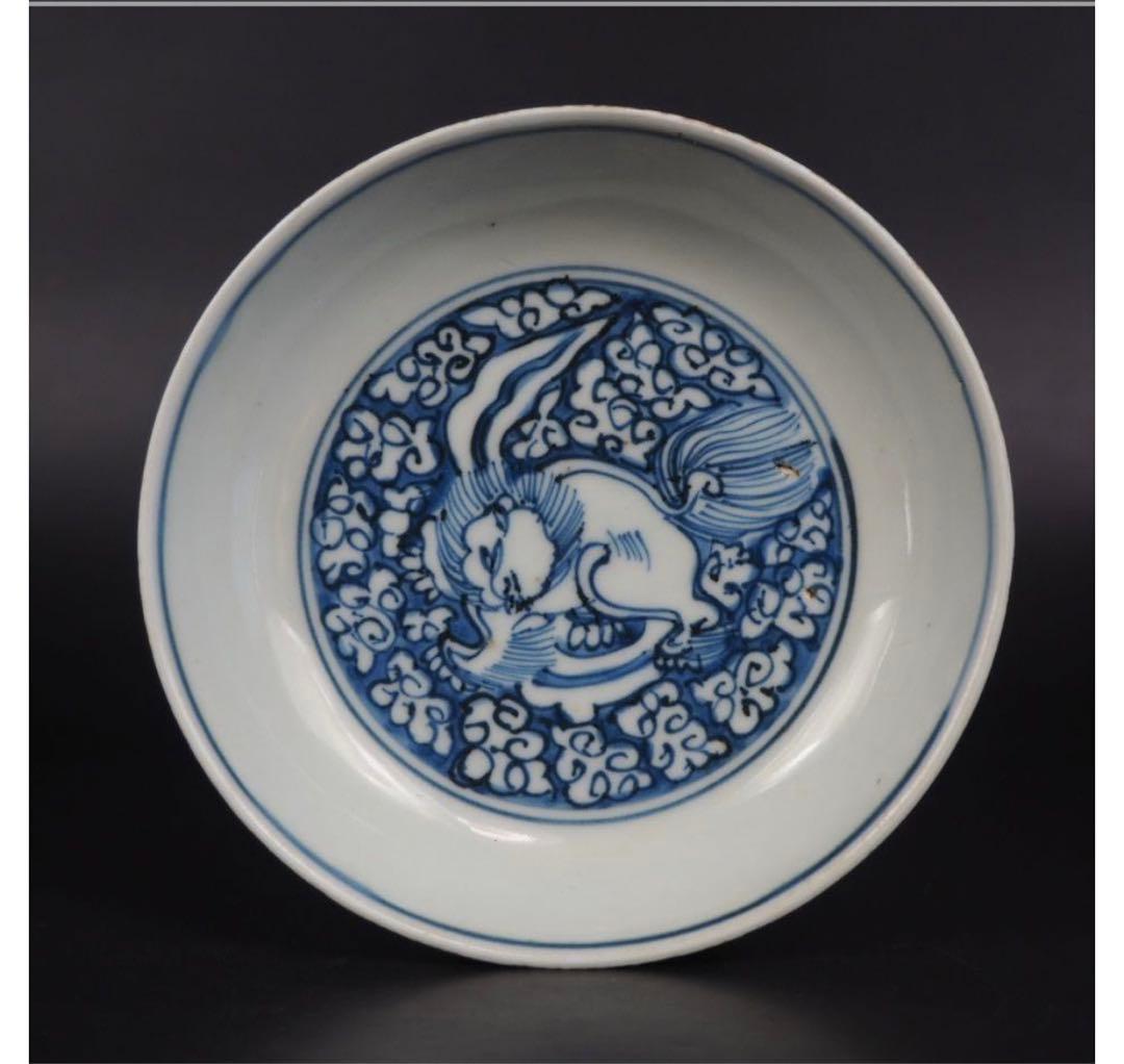 送料無料明初期永楽～宣徳年（1403～1435年）青華獅子文中皿5枚