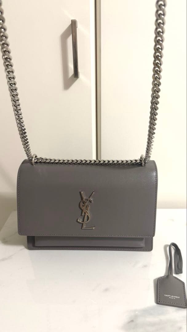 【レア】サンローランパリ サンセット レザー チェーンショルダーバッグ グレー
