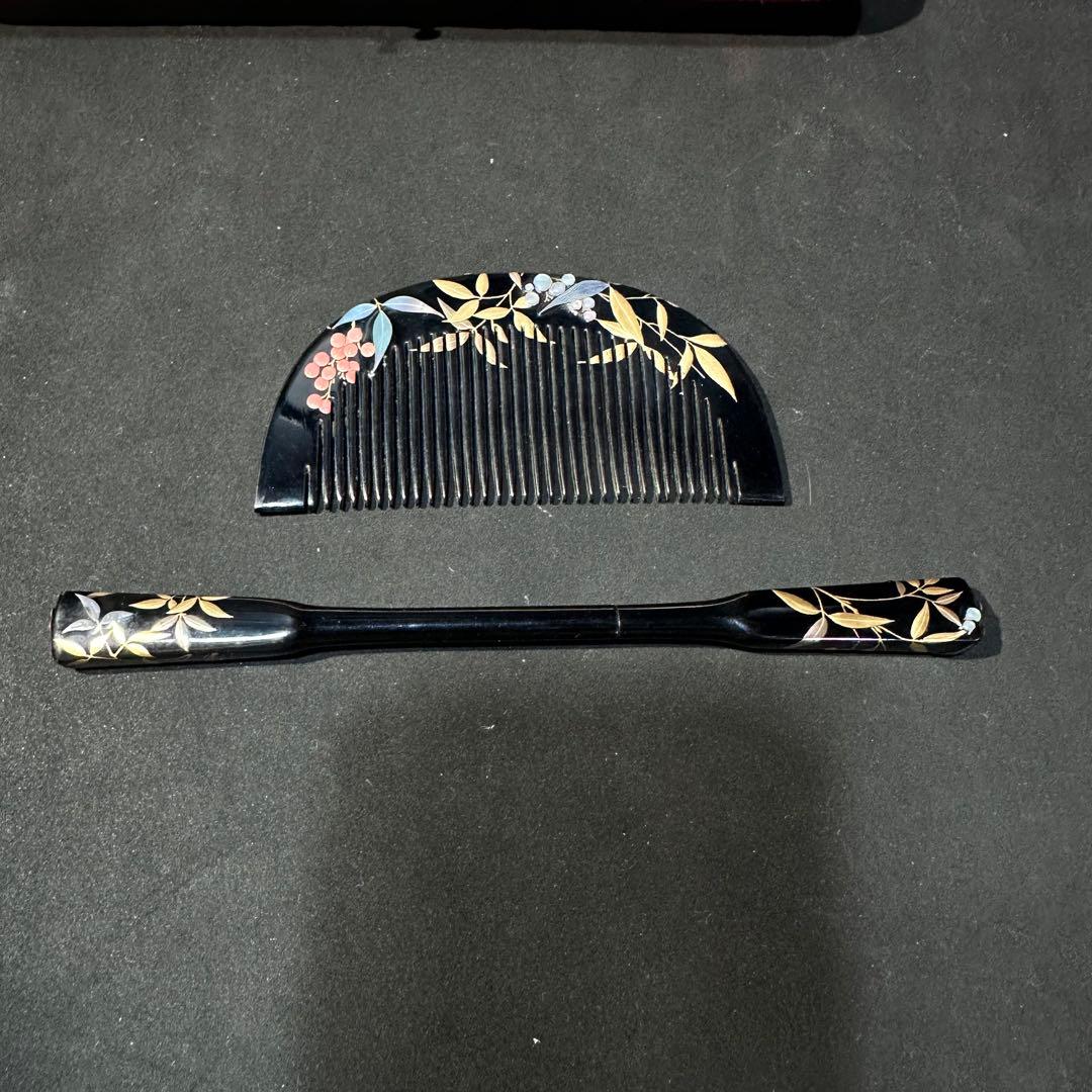 大正アンティーク鼈甲櫛笄黒漆螺鈿細工金細工髪飾り