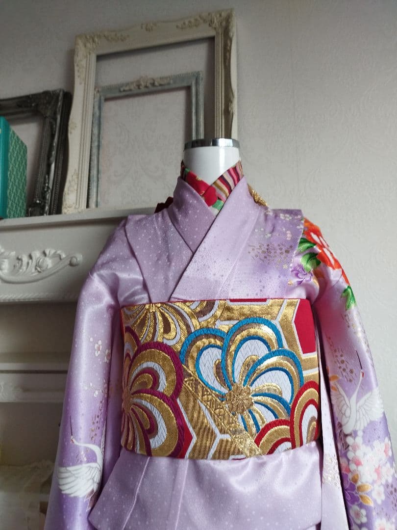 赤に亀甲、梅の花模様のだらりの帯☆作り帯