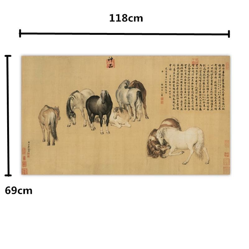 h13# 八骏图 中国古書画 画家郎世宁(清) 神品