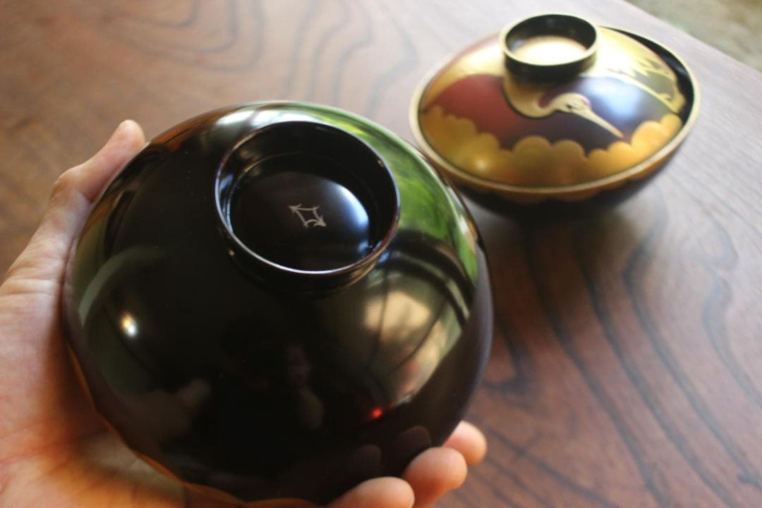 時代逸品！時代金縁黒漆に極上日の出鶴蒔絵の映えるお椀2点（検輪島塗蒔絵椀雑煮椀