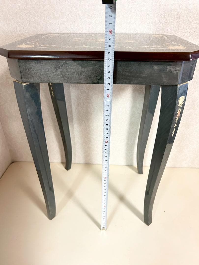 状態良好】サイドテーブル オルゴール内蔵 猫脚 花柄インレイ 木製