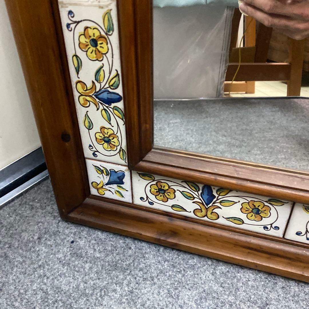 N スペイン製 アンティーク 壁掛けミラー 鏡 タイル張り 送料込み