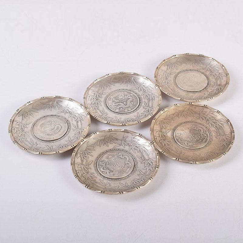 煎茶道具　中華銀幣刻印装飾　龍笹文茶托　五客　壹圓　C　R8917 煎茶道具 中華銀幣刻印装飾 龍笹文茶托 五客 壹圓 C R8917