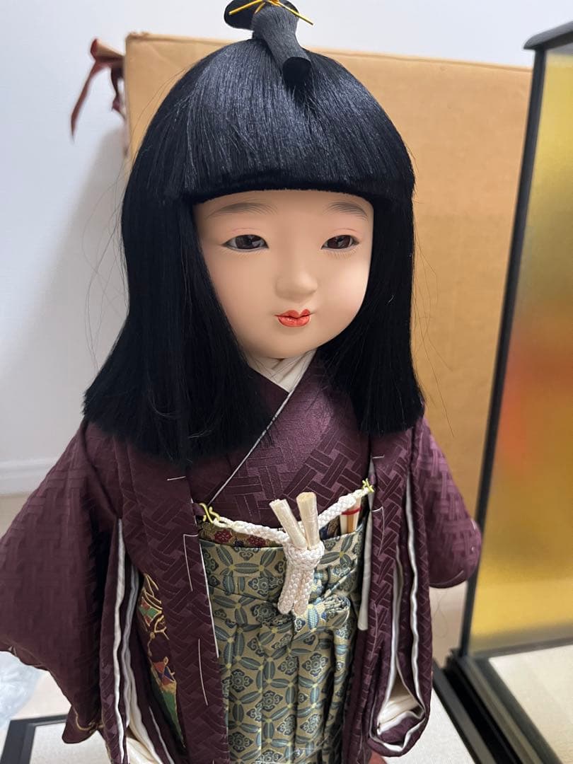 市松人形 日本人形 小出松寿作 金彩 手描友禅 2体セット ガラス