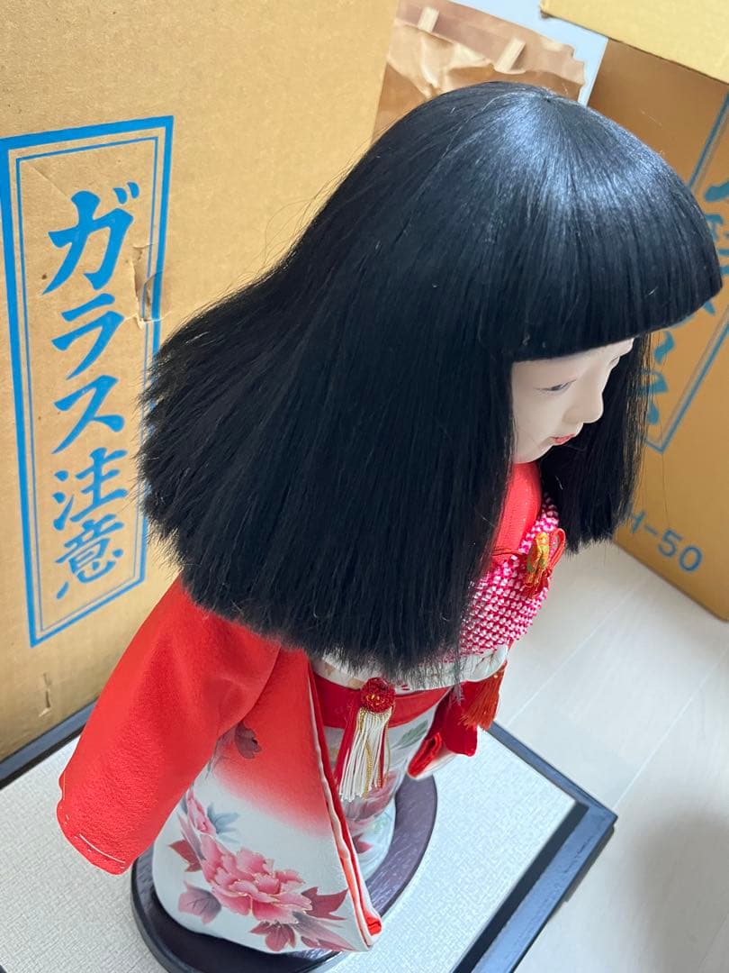 市松人形 日本人形 小出松寿作 金彩 手描友禅 2体セット ガラス