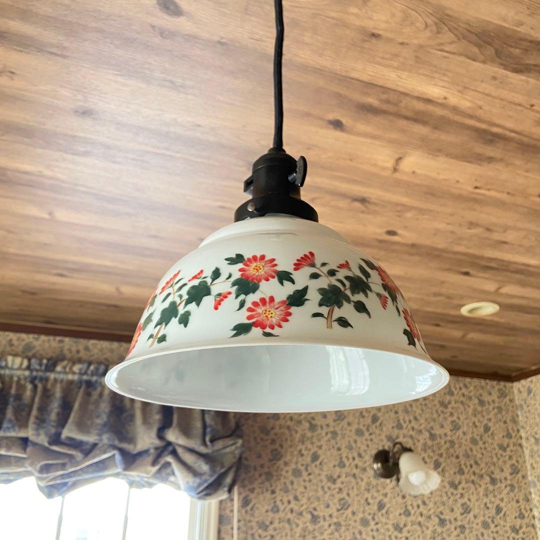 アンティーク照明 電笠 花柄絵付 磁器シェード ペンダントライト