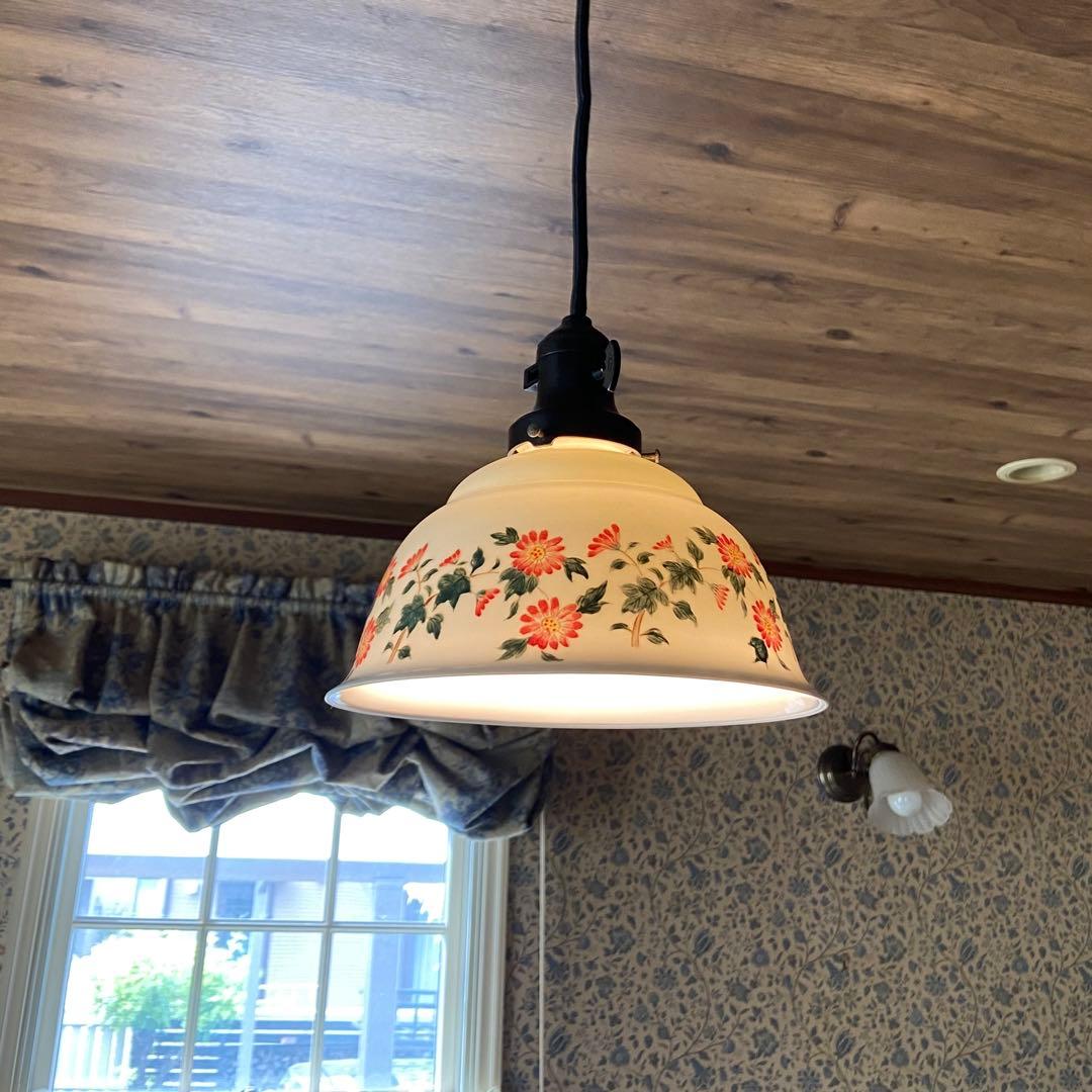 アンティーク照明 電笠 花柄絵付 磁器シェード ペンダントライト