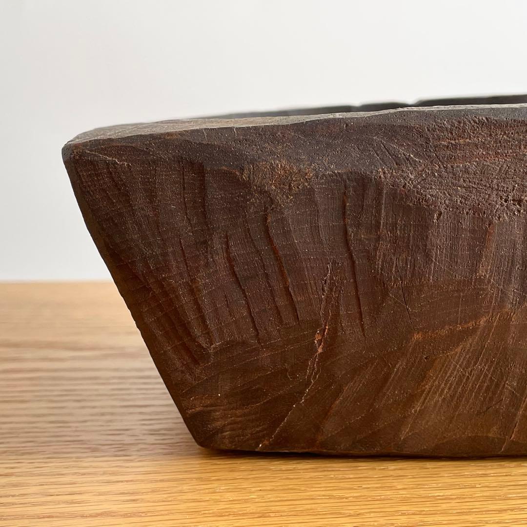 アンティーク 民藝 木工 把手付臼 花器 ブロカント インド FOLK ART