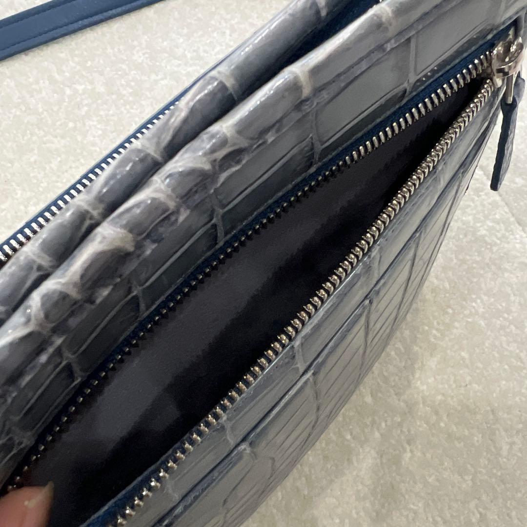 り*様 【極美品】　JRA認定　クロコダイル　ショルダーバッグ　ブルーグレー