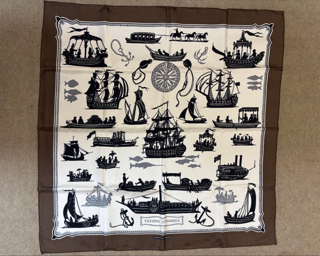 HERMES スカーフ 船と人物デザイン エルメス 船デザイン スカーフ 90cm x 90cm