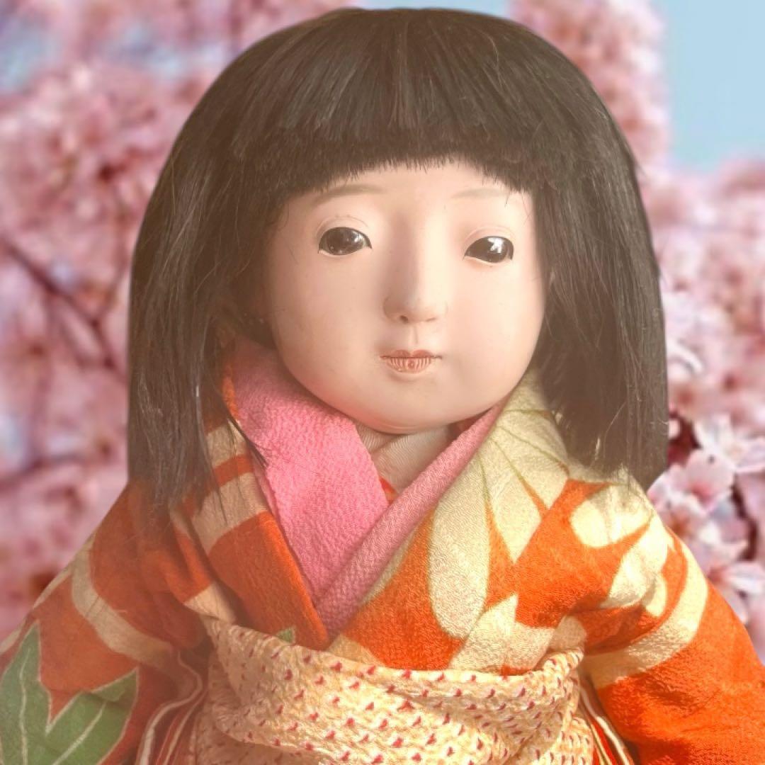 市松人形 石黒人形店 大正 ガラス目 3つ折れ 抱き人形 縮緬着物 ビスク