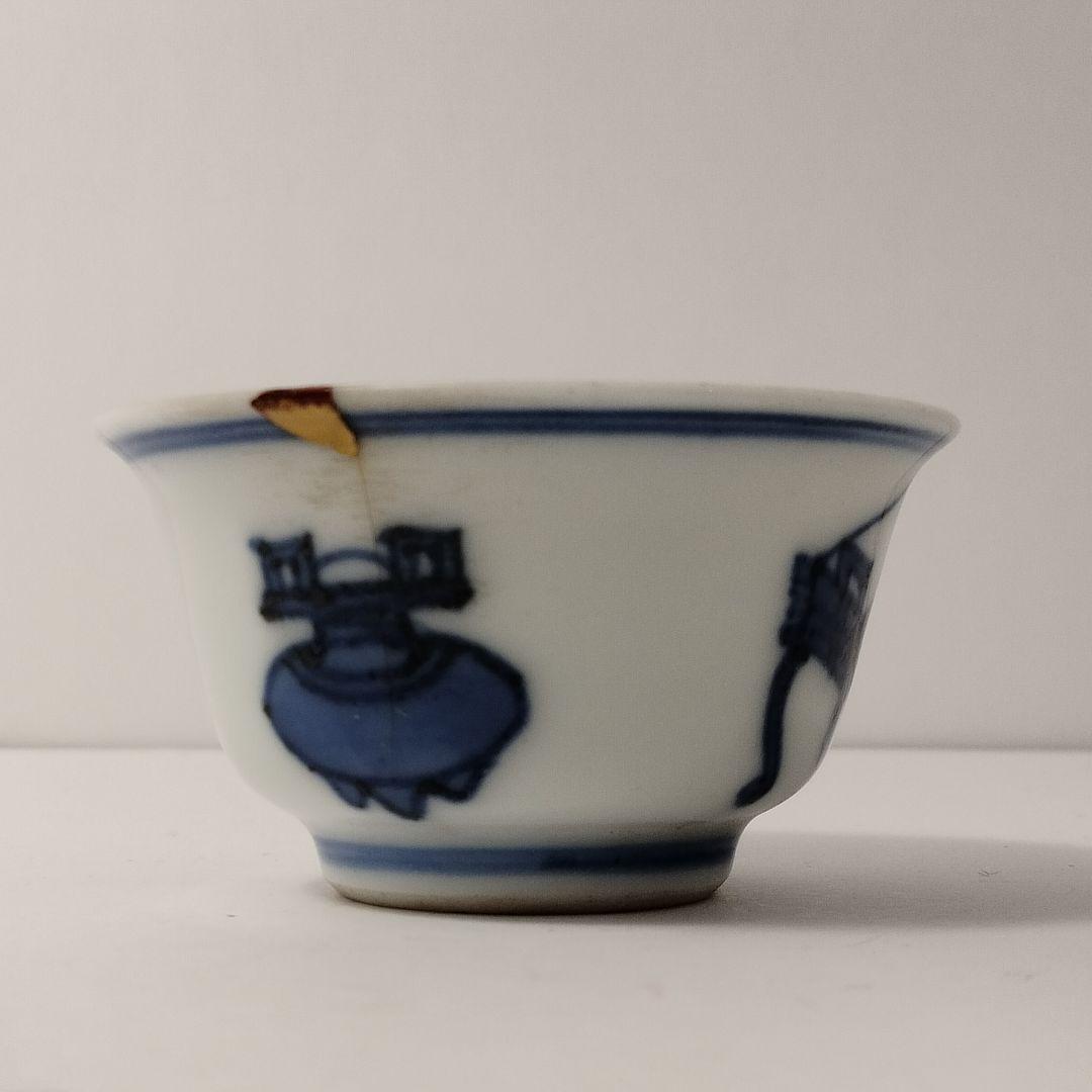 M184-5 古伊万里古染付 時代煎茶碗 五客 在銘印有 中国香道具図 唐物 D