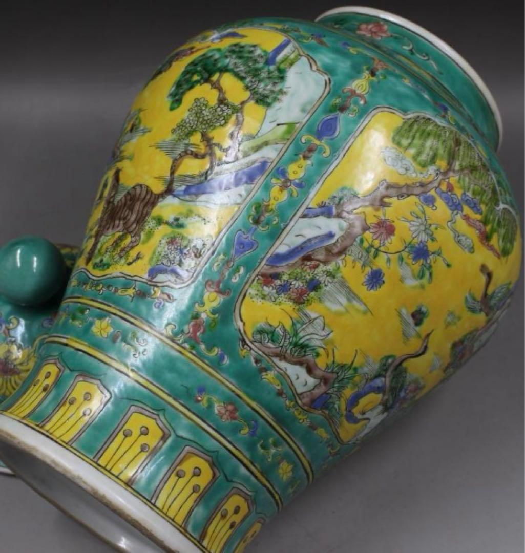 緑地パステル人物松鶴将軍缶 景徳鎮 陶磁器 装飾品 現代工芸品 美術品