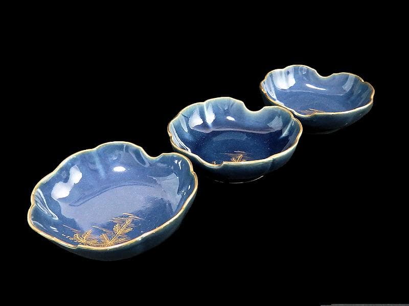 古伊万里　瑠璃　若松の図　膾皿　３客　C167AS-CTh