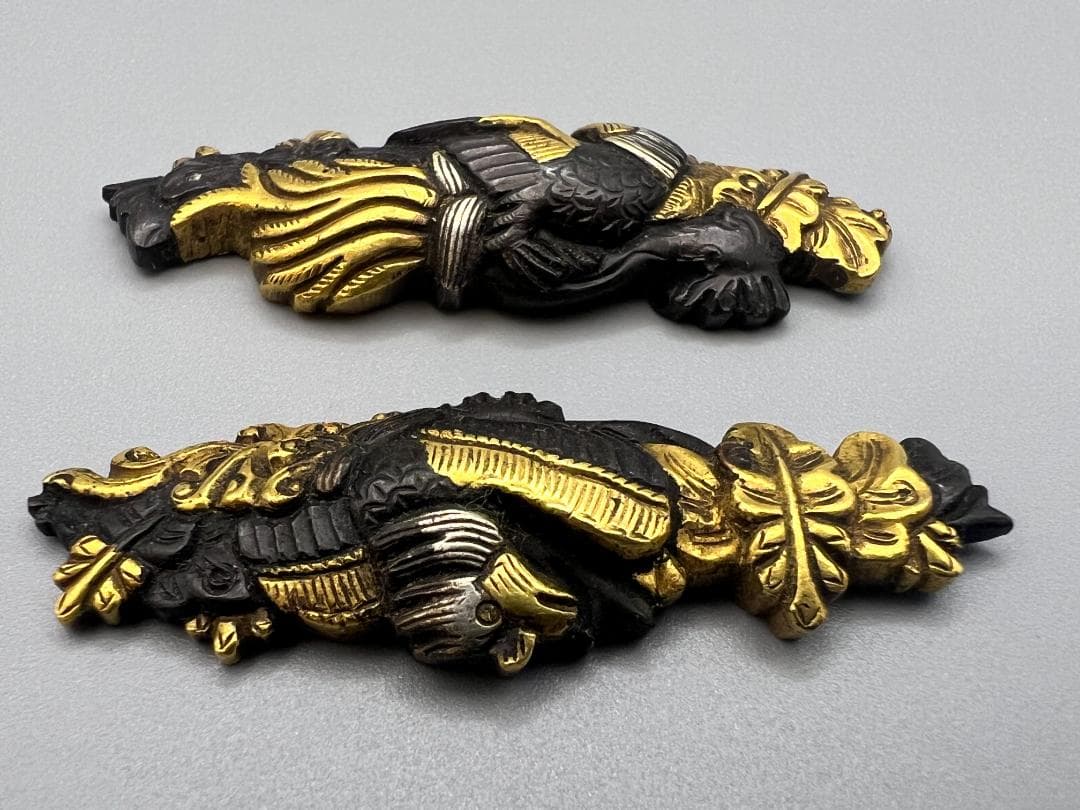 【海】江戸明治金工　鳳凰山水図　金目　手彫　目貫　４点　金銀象嵌　骨董品　元箱付