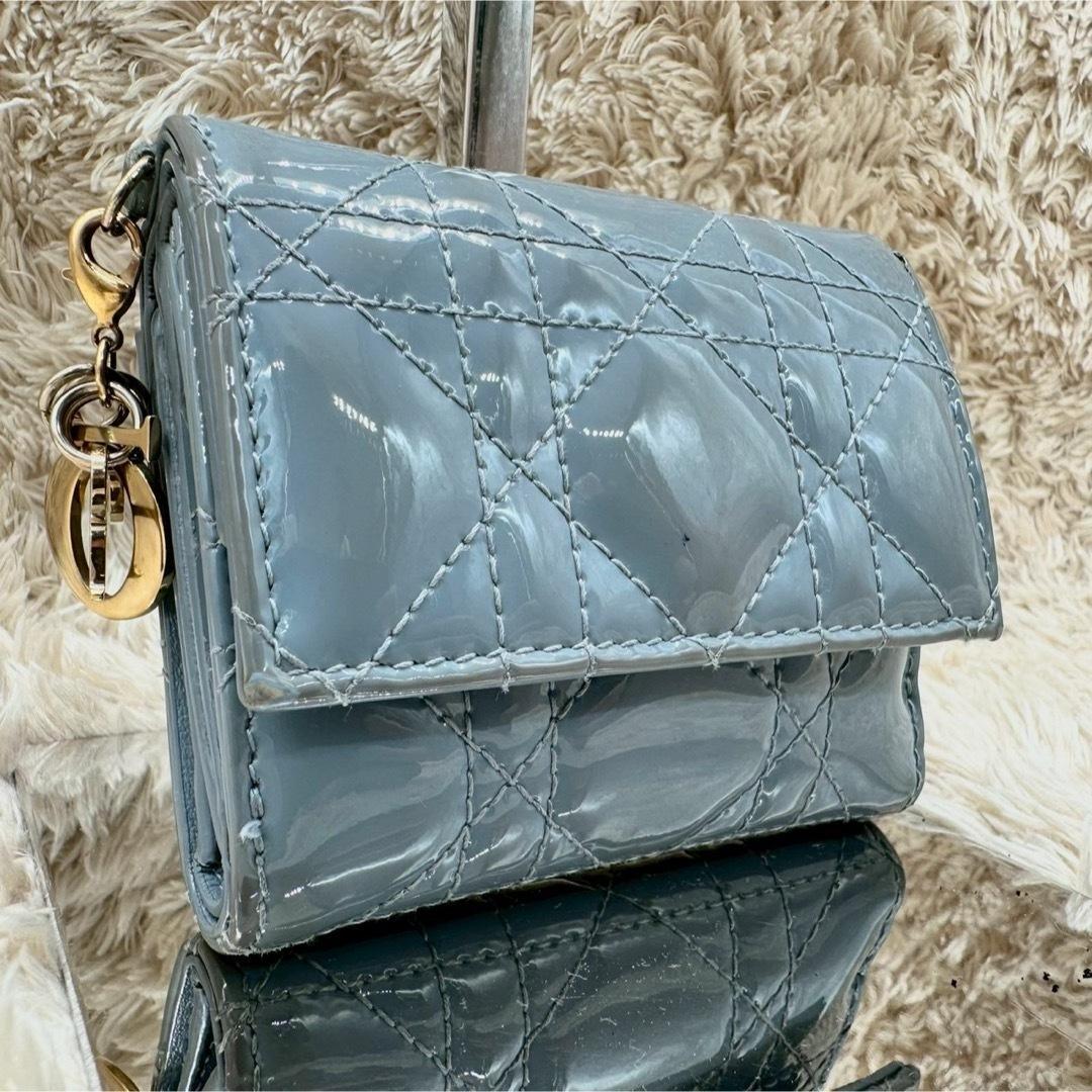 美品】クリスチャンディオール 三つ折財布 ブルー カナージュ パテント