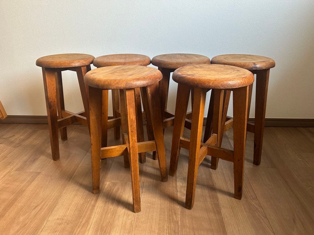 希少　丸椅子　 6個セット　アンティーク　まとめ売り　木製　スツール　同一規格