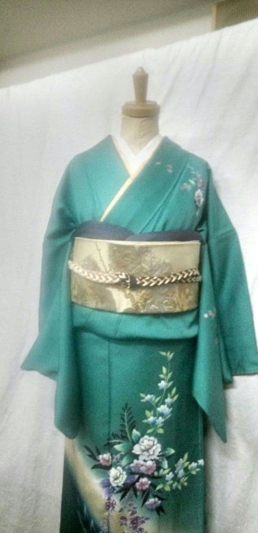 付け下げ、訪問着ブルーグリーン色、花柄入、身丈175cm - メルカリ