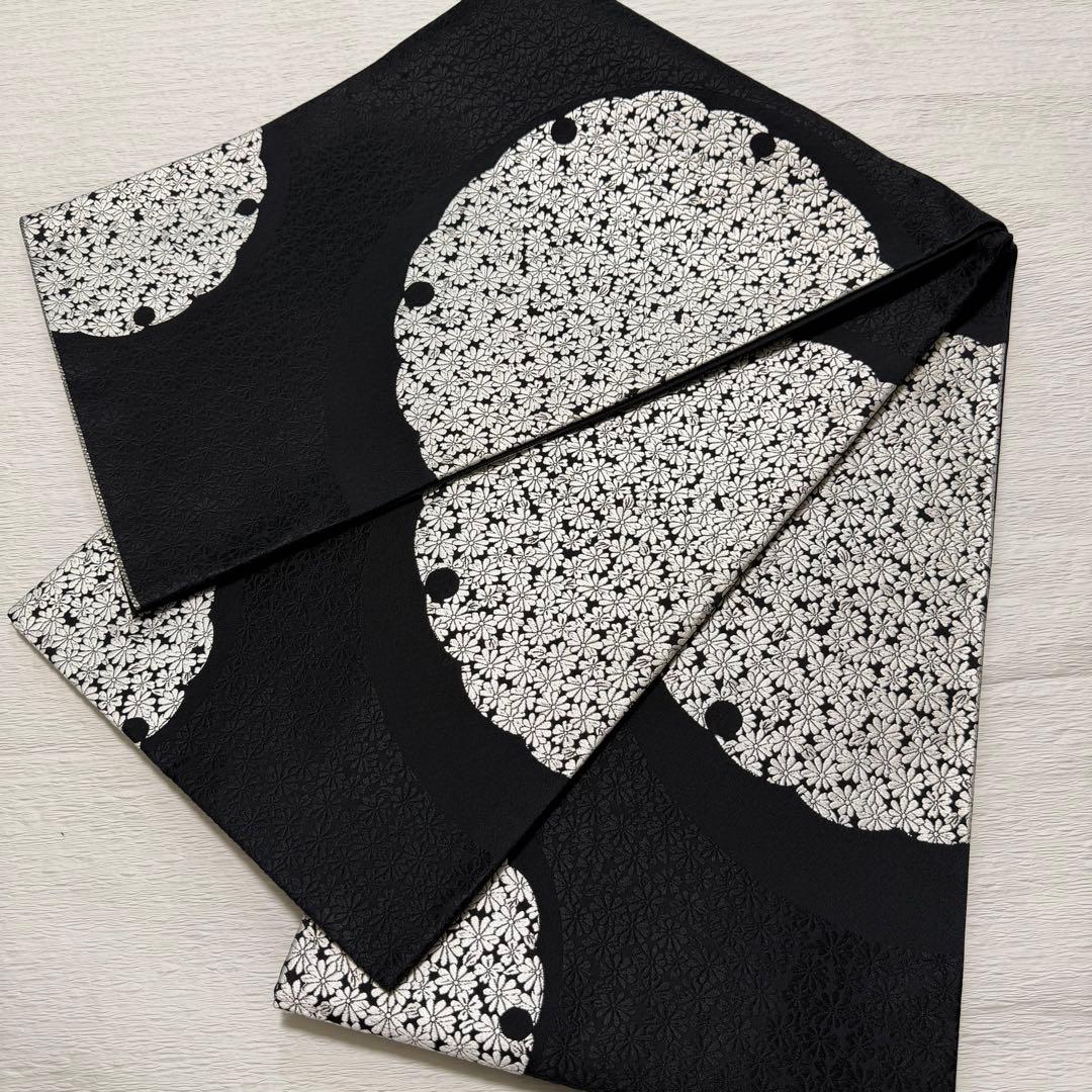 m-47 雪輪 菊 正絹 袋帯 黒地 極美品 正絹 九寸名古屋帯 雪輪