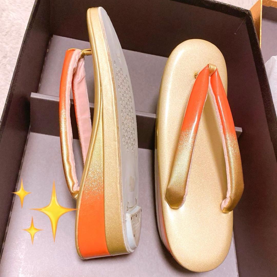 草履　バック　2点まとめてセット　ゴールド　オレンジ　箱付き　艶　光沢　着物