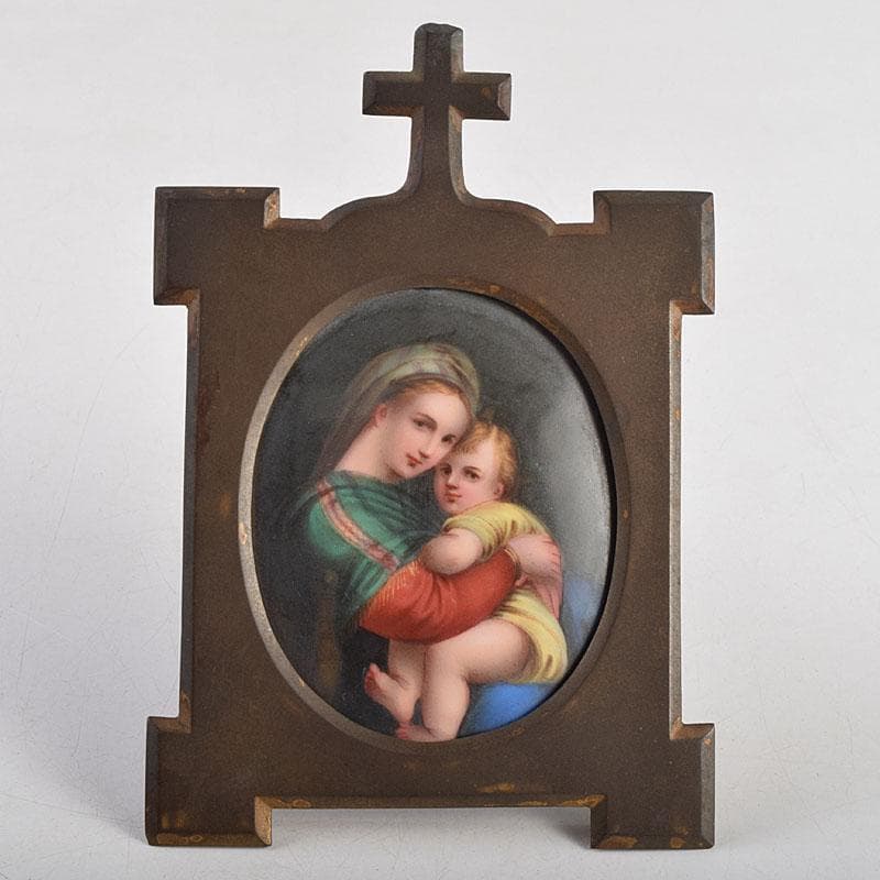 キリスト教 陶器製 聖像画 イコン 聖母子 銅製フレーム M R9408
