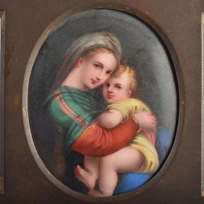 キリスト教 陶器製 聖像画 イコン 聖母子 銅製フレーム M R9408