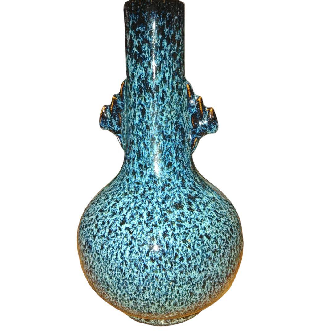 中国古玩 海鼠釉双耳長頚瓶 高さ25cm