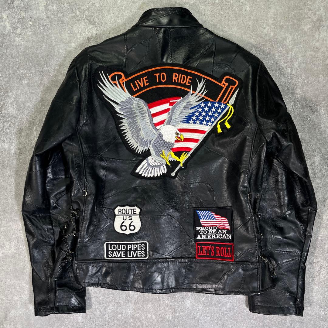 バッファロー レザー ライダースジャケット つぎはぎ 黒 ワッペン イーグル