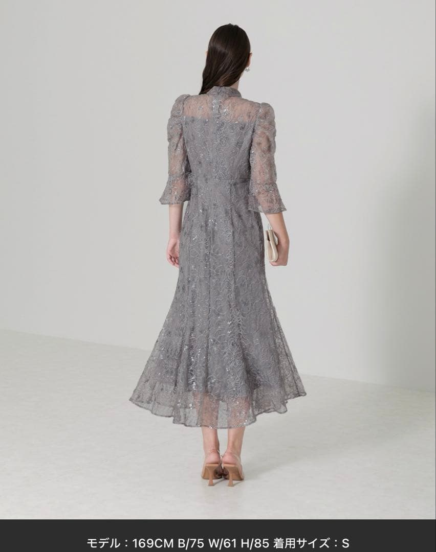 LEJA スパンコール花柄刺繍ソフトパフスリーブマーメイドラインドレスワンピース