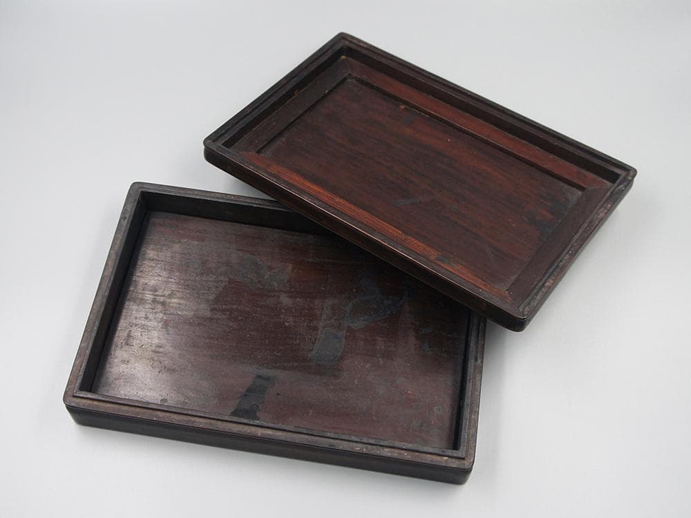 木】 ☆ 竹木 黄花梨木四方硯盒 ☆ 清朝期 鬼顔 麦